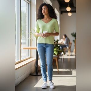 Talbots Petite Scallop Trim V-Neck Short Sleeve Knit Top in Lime Green